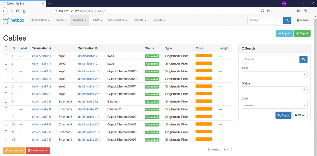 NetBox. Overview of all connectivities.